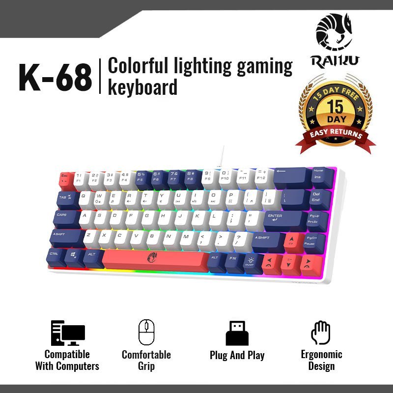 RAIKU K68 68-Key Gaming Keyboard - Compact Design, RGB Backlight, 3 ...