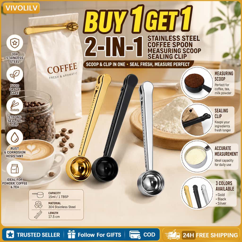 Buy1Get1 2-in-1 Stainless Steel Coffee Spoon Measuring Scoop Sealing ...