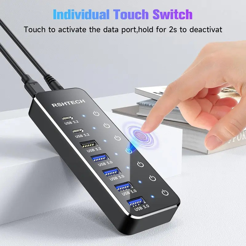 RSHTECH 7-Port Powered USB C Hub with 10Gbps USB-C 3.2 Ports Individual ...