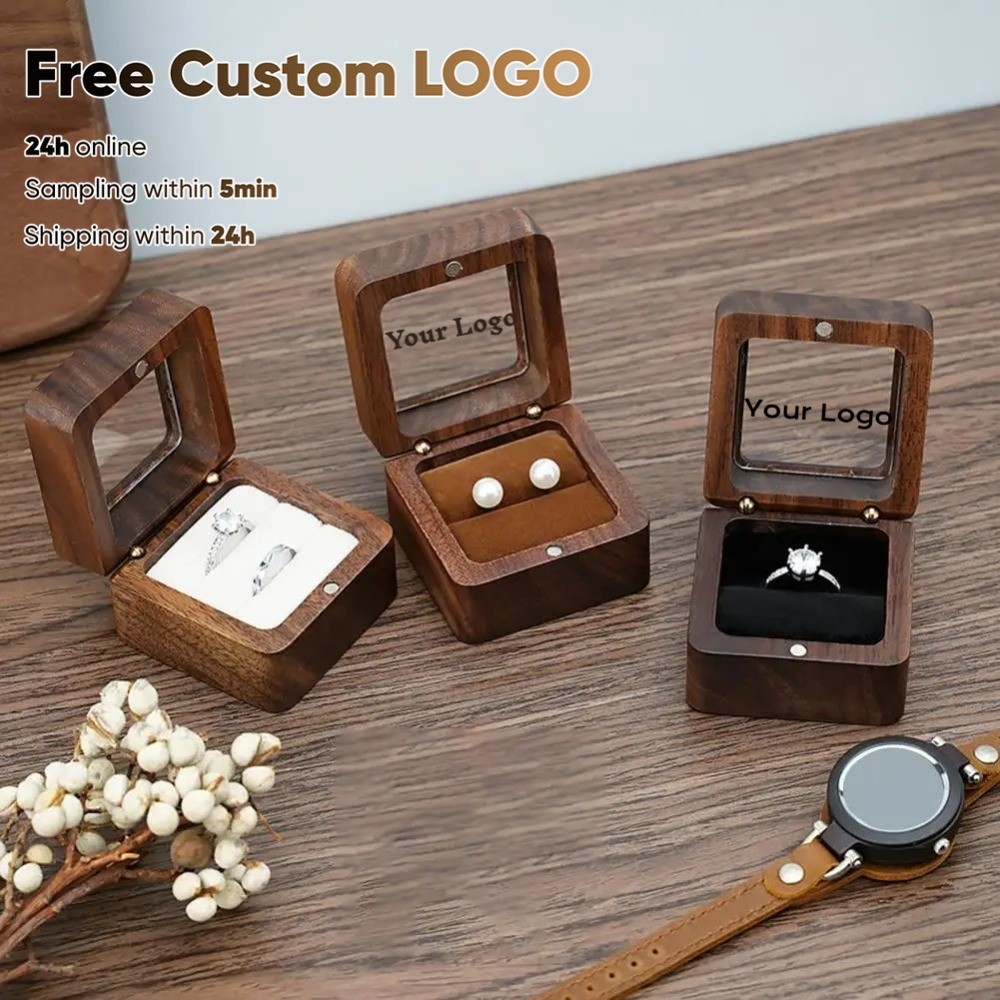 Free Customized Walnut Wooden Earring Box Ring Box Square Portable Wood ...
