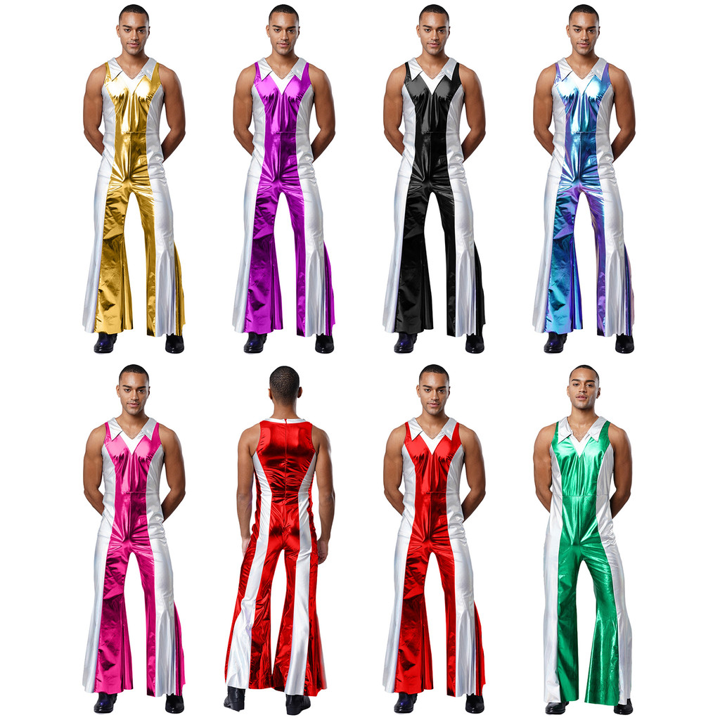 ranrann Mens 70s 80s Disco Prom Jumpsuit Outfit Lapel V Neck Sleeveless ...