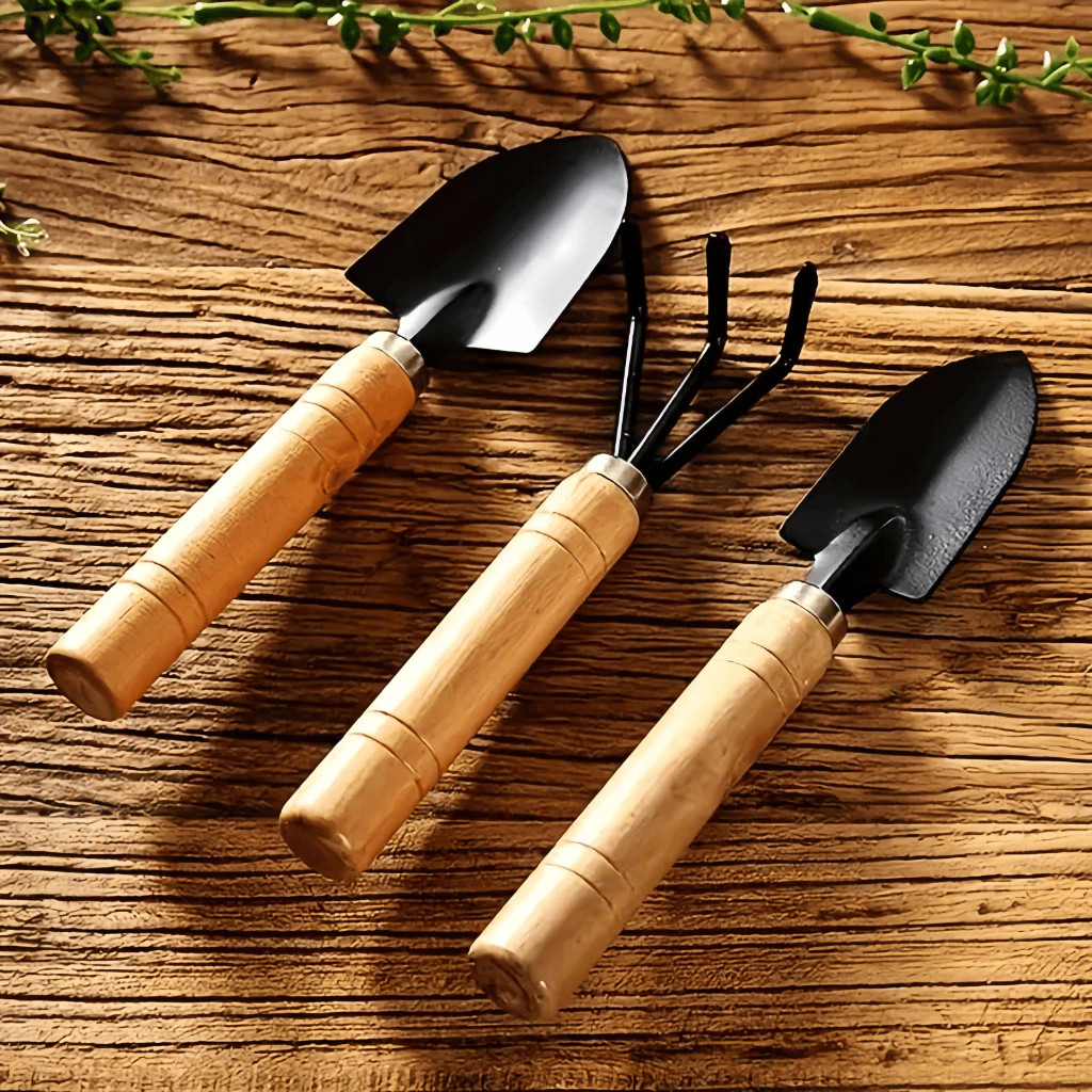 3Pcs Mini Gardening Tool Set Spade Shovel Harrow Rake With Wooden ...