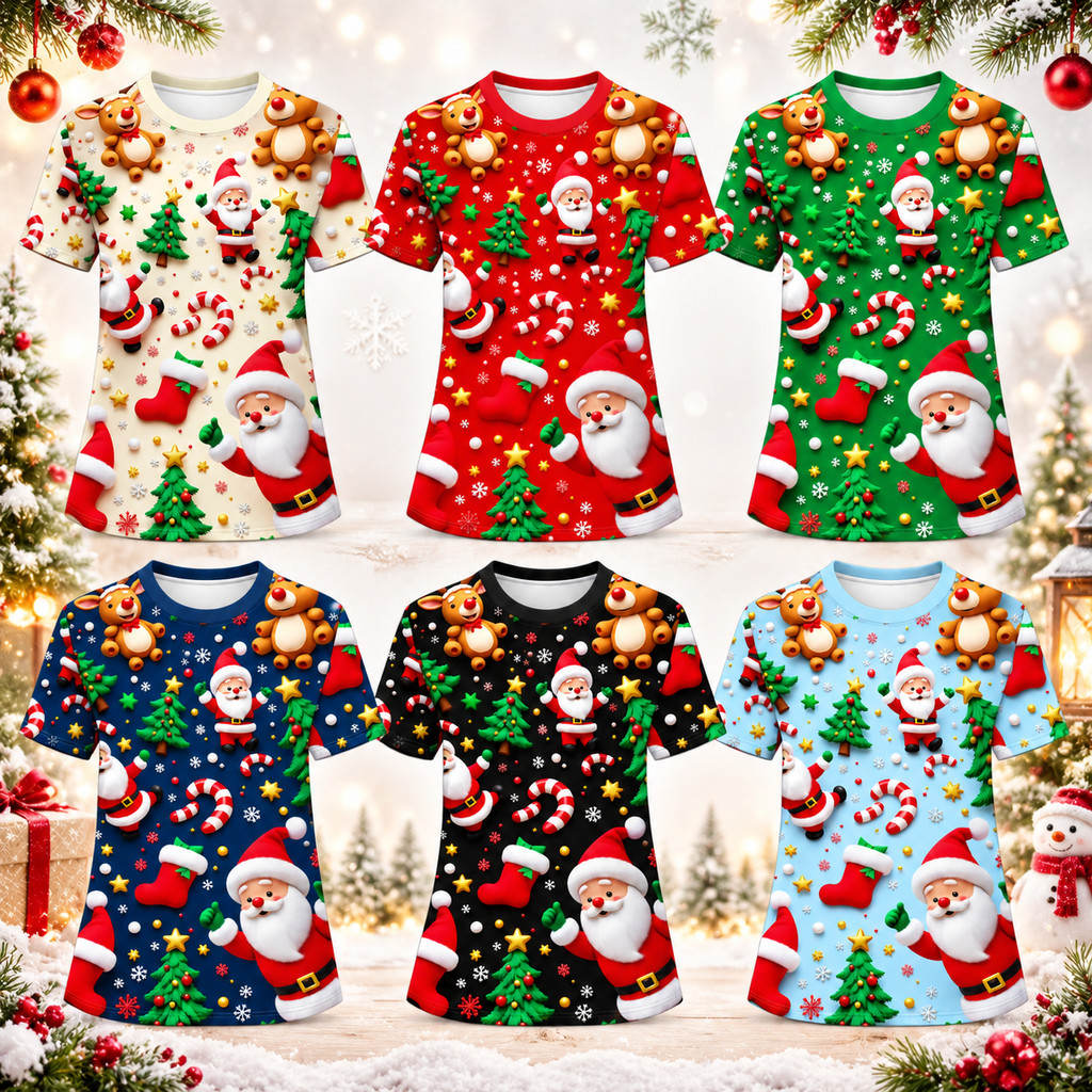 Christmas T Shirt 3D Print Santa Tree Candy Cane Short Sleeve Round ...