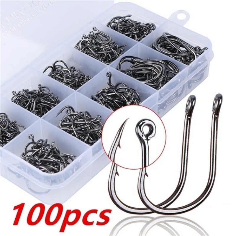 100Pcs/box Stainless Steel Fish Hook with Barbed Fishing Hooks Set ...
