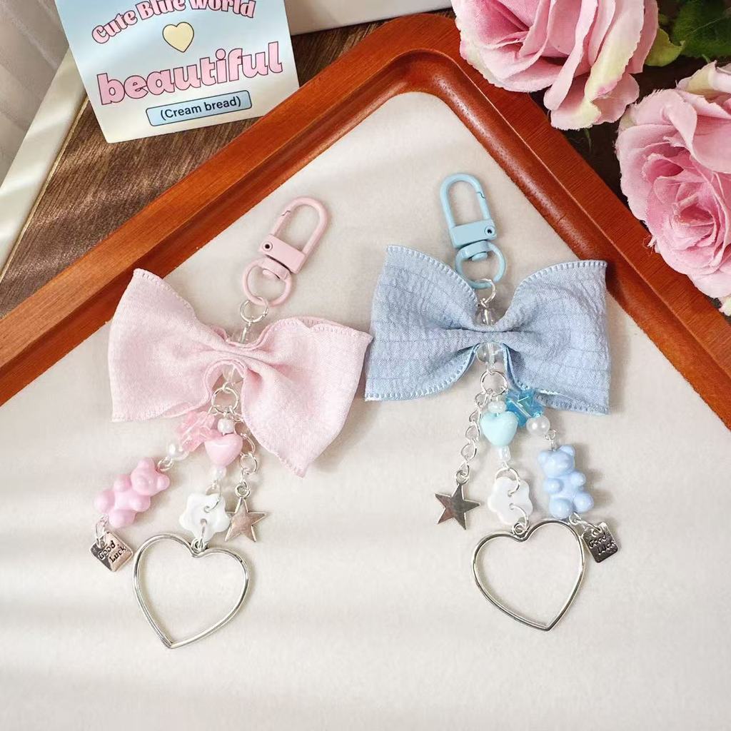 Sweet Imitation Bear Pearl Heart Keychains Fashion Ribbon Bow Keyrings ...