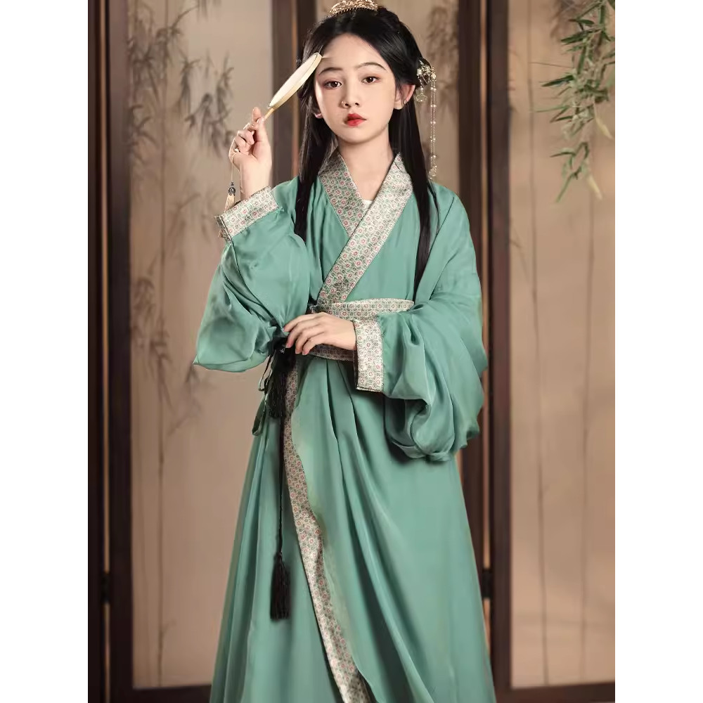 儿童战国袍直裾女童汉服复原晋制交领古装春秋改良古风连体大长袍Children's Warring States Robe Straight ...