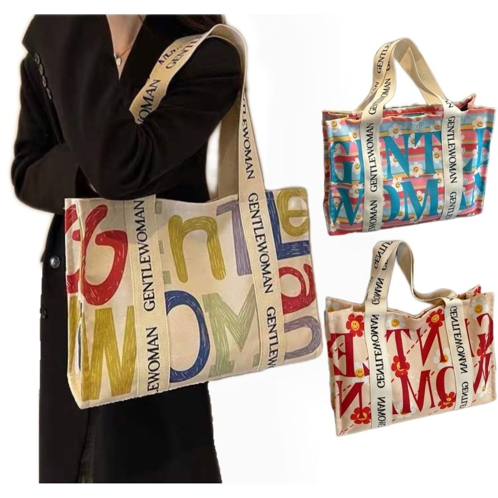 WH Korean New Fashion Colorful Letter Tote bag Canvas With Zipper ...