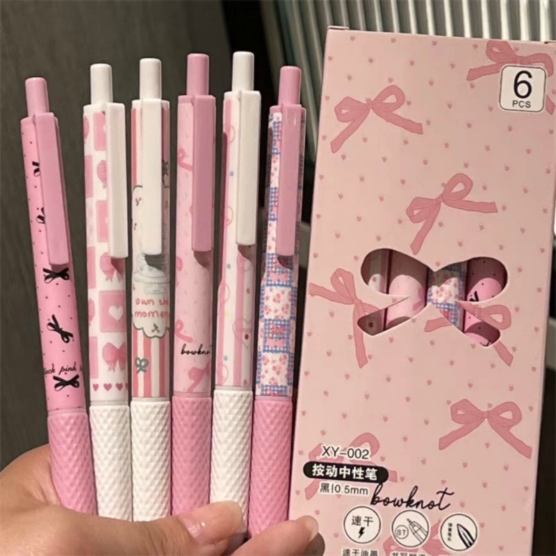 6pcs/set Quick Drying Gel Pens Kawaii Pink Bowknot 0.5mm Black Ink ...