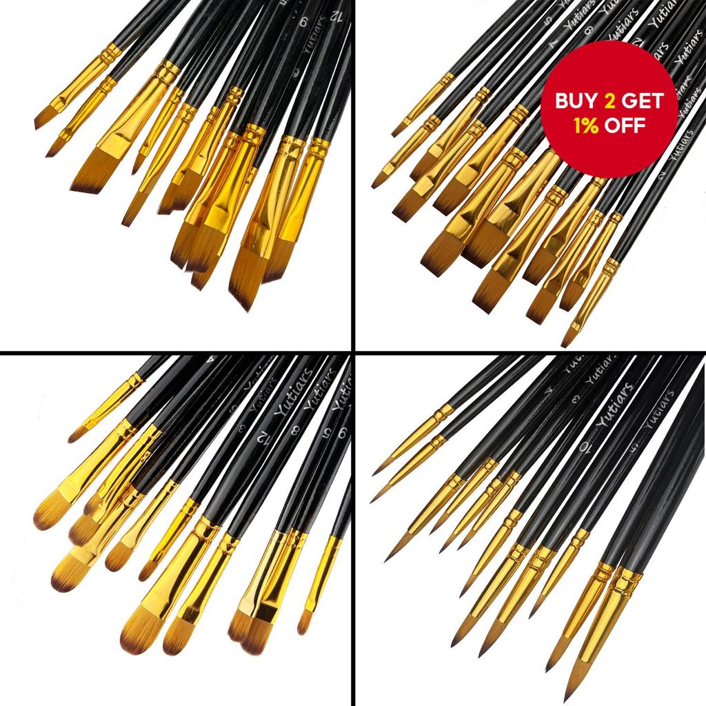 Artist Paint Brush Set - Filbert, Round, Angular & Flat Tips, 12 Pieces ...