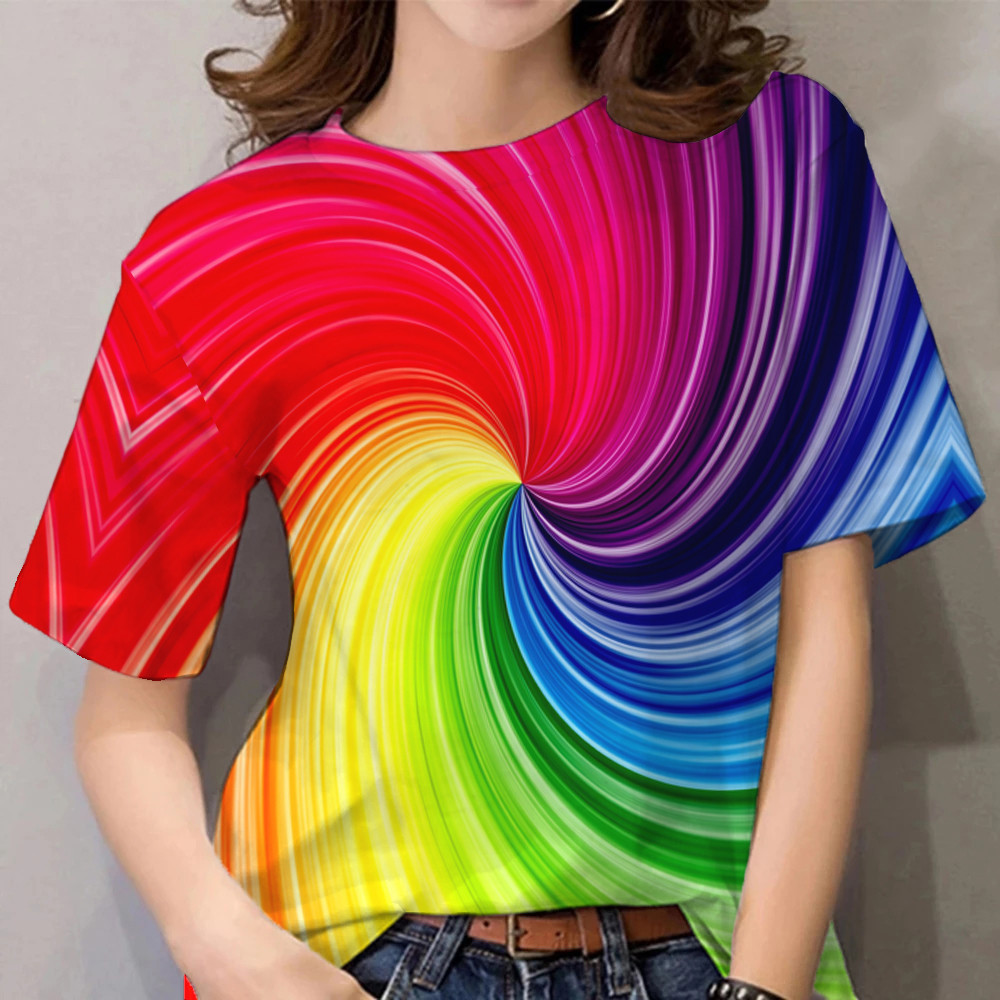 Rainbow pattern women's short T-shirt round neck clothing casual pride ...