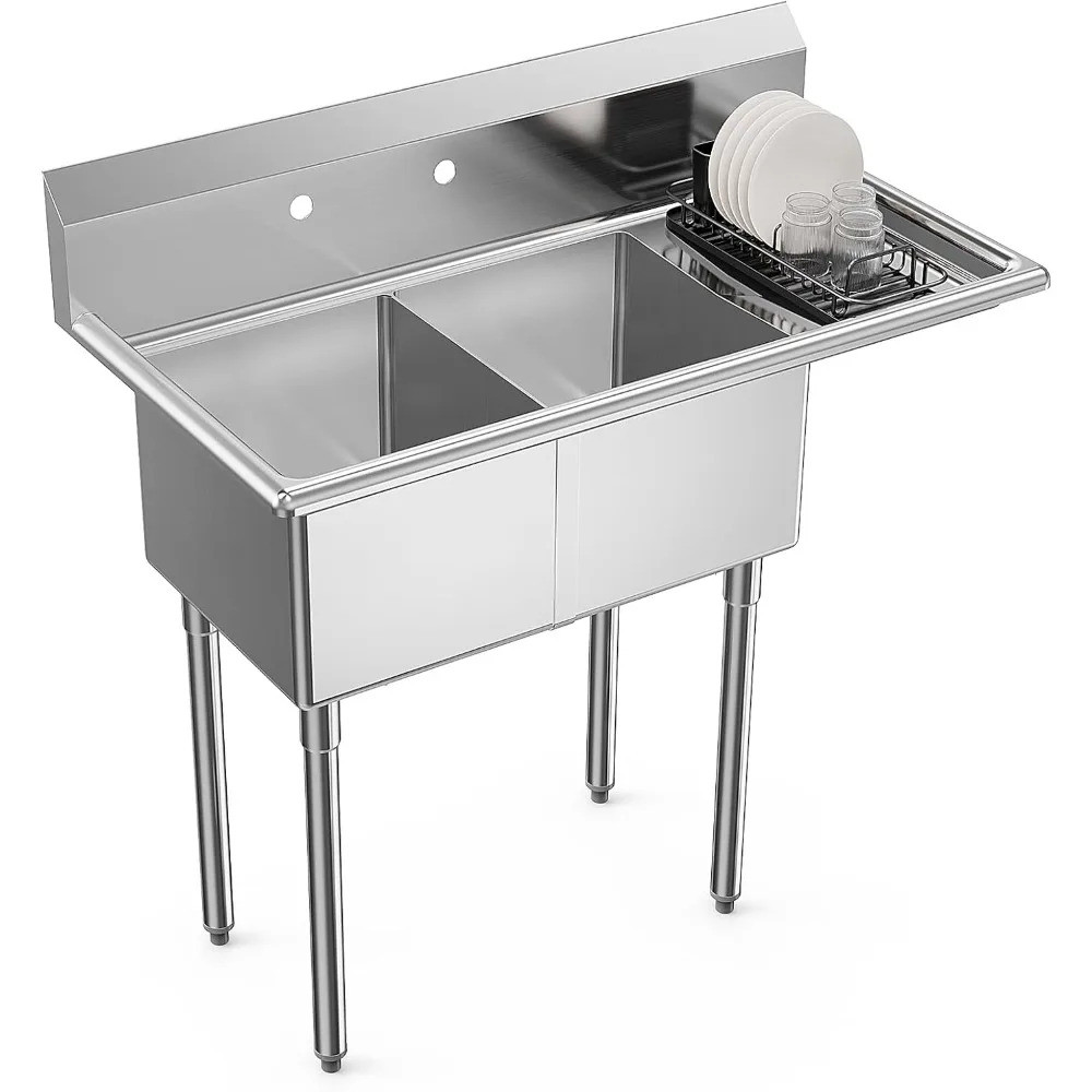 Commercial 2 Bowls Utility Sink Right Drain Rack , 304 Stainless Steel ...