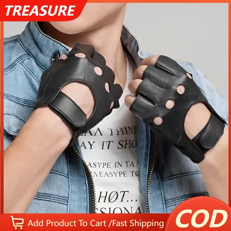 1Half Black Punk Hip-hop Leather Gloves Half Finger Biker Sports ...