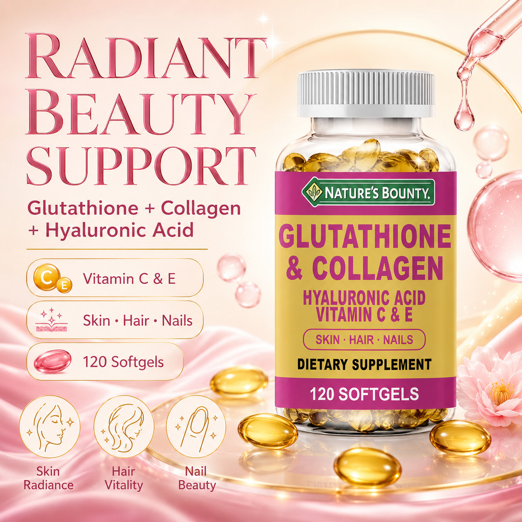 Nature's Bounty Collagen & Glutathione - Skin Hair Nails | glow support with Hyaluronic acid, VC