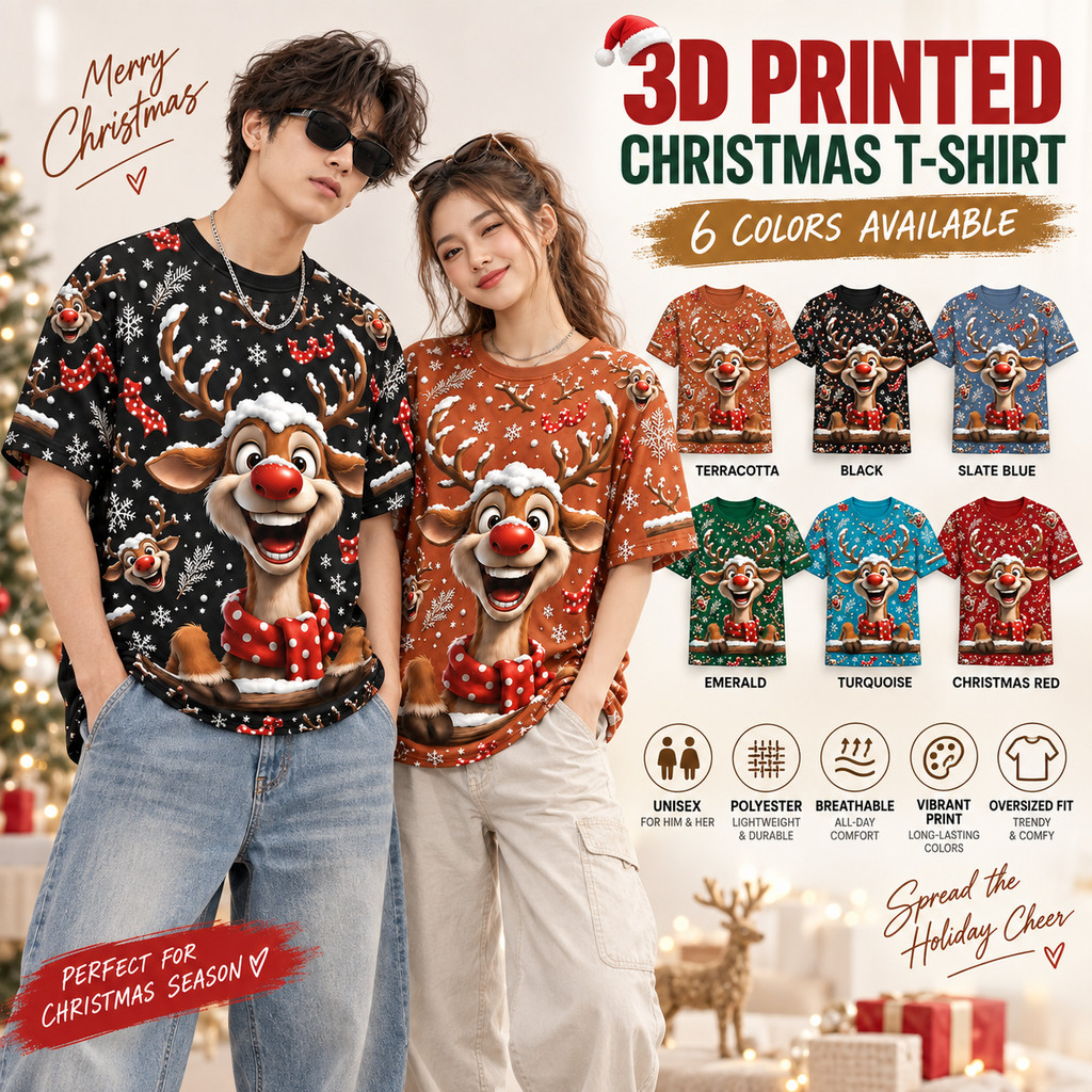 Funny Reindeer Christmas T Shirt 3D Graphic Tee Unisex Plus Size ...
