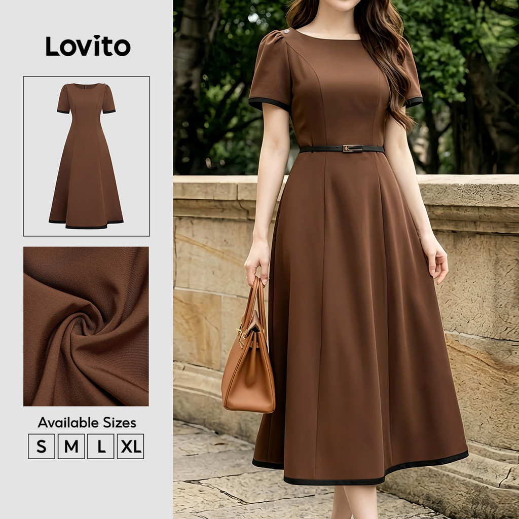 Lovito Women Elegant Button Contrast binding Long A Line Spring Summer ...