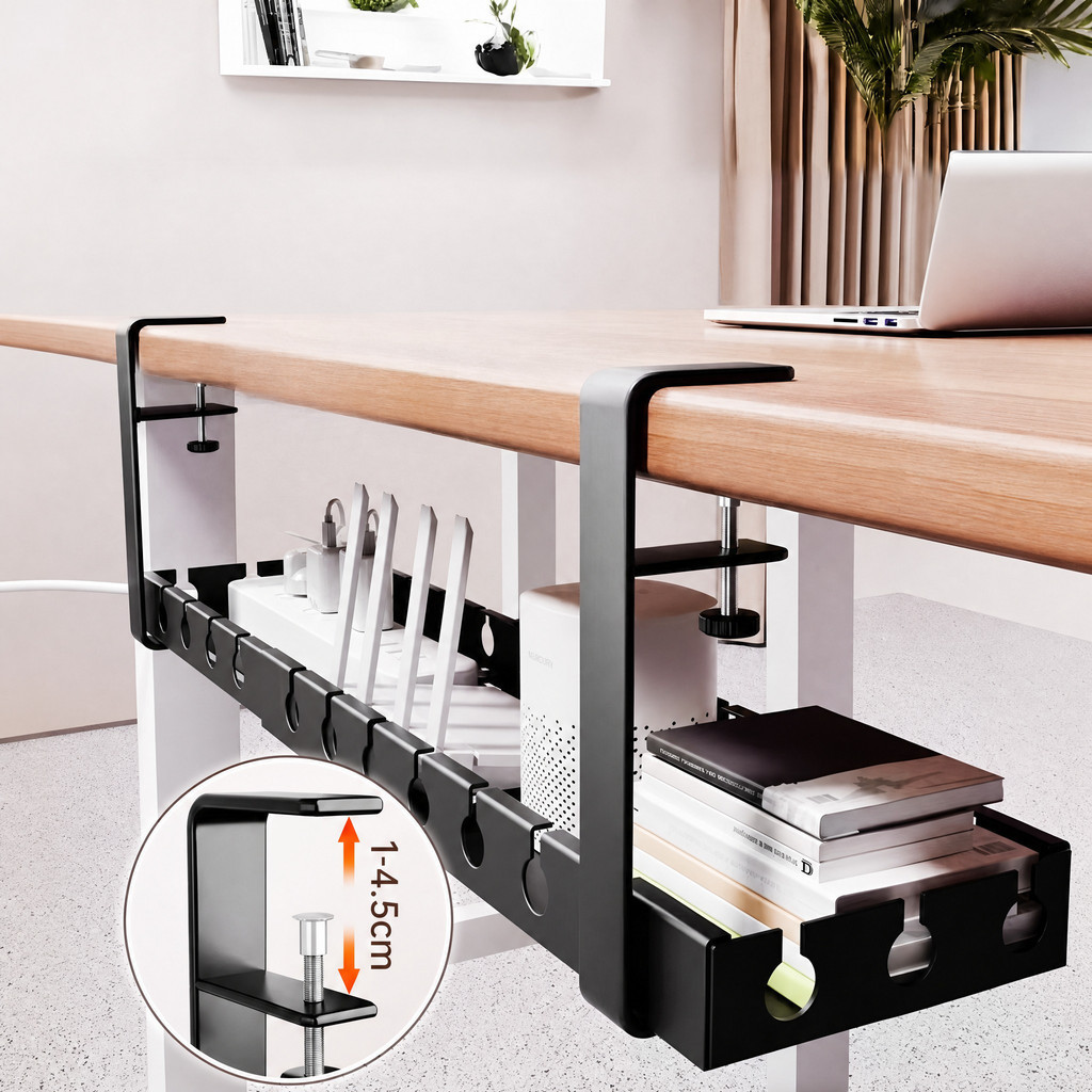 Under Desk Cable Management Tray, No-Drill Clamp Mount Adjustable ...