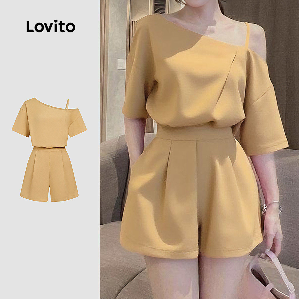 Lovito Women Casual Jumpsuit Cold Shoulder Spring/summer Khaki Jumpsuit ...