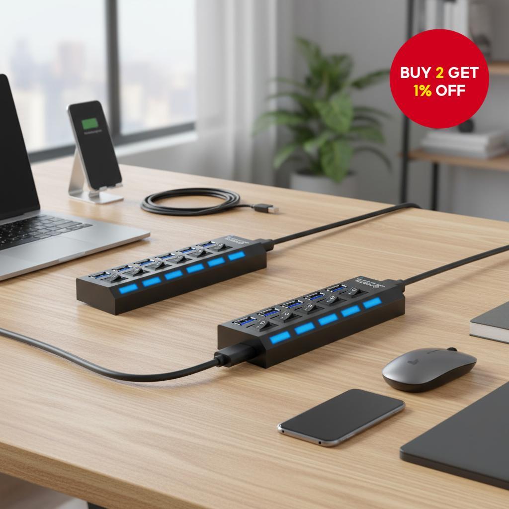 USB 7 Port HUB with Independent Switches and 4 Bit Splitter 2.0 Multi ...