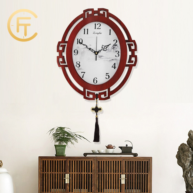 Jijiang New Chinese Wall Clock Living Room Solid Wood Oval Household ...