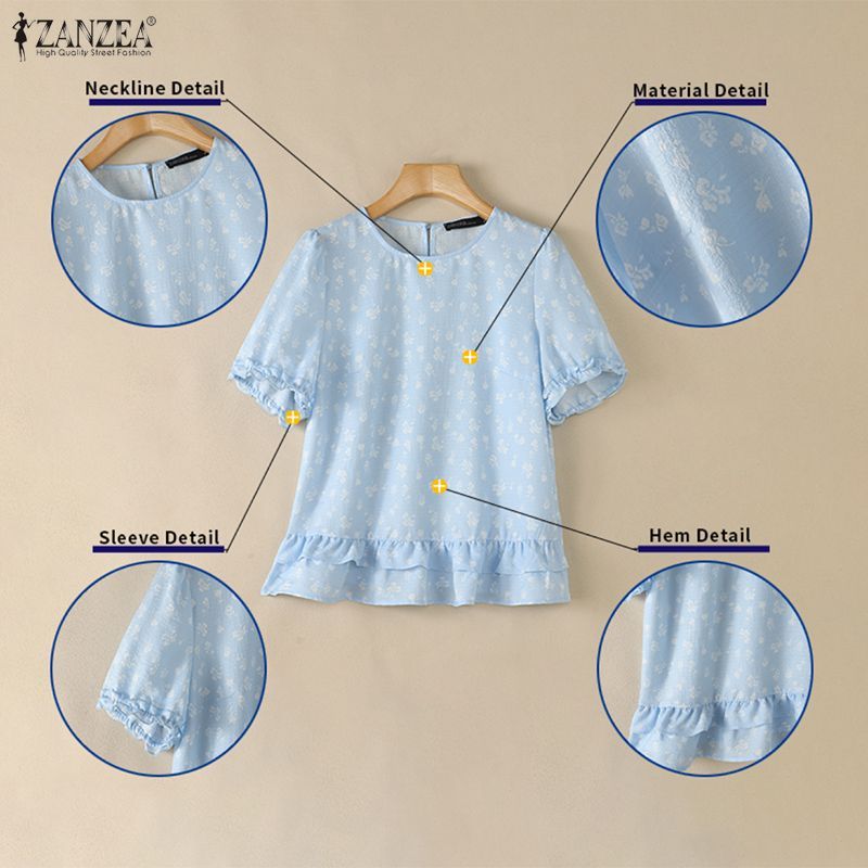 ZANZEA Women Korean Fashion Floral Print Puff Sleeve Round Neck Ruffled ...