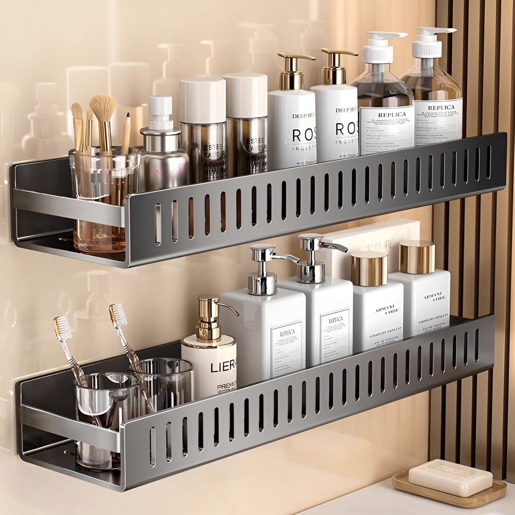 Punch-free Wall-mounted Bathroom Organizer Storage Rack Shampoo Holder ...
