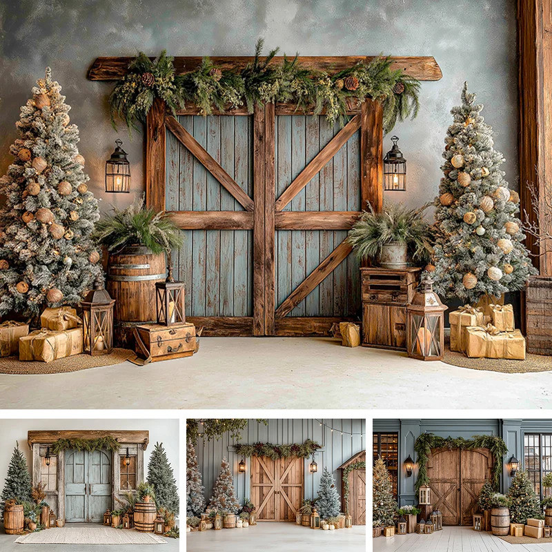 Christmas Pine Trees Photography Backdrop Rustic Wooden Door Lanterns ...