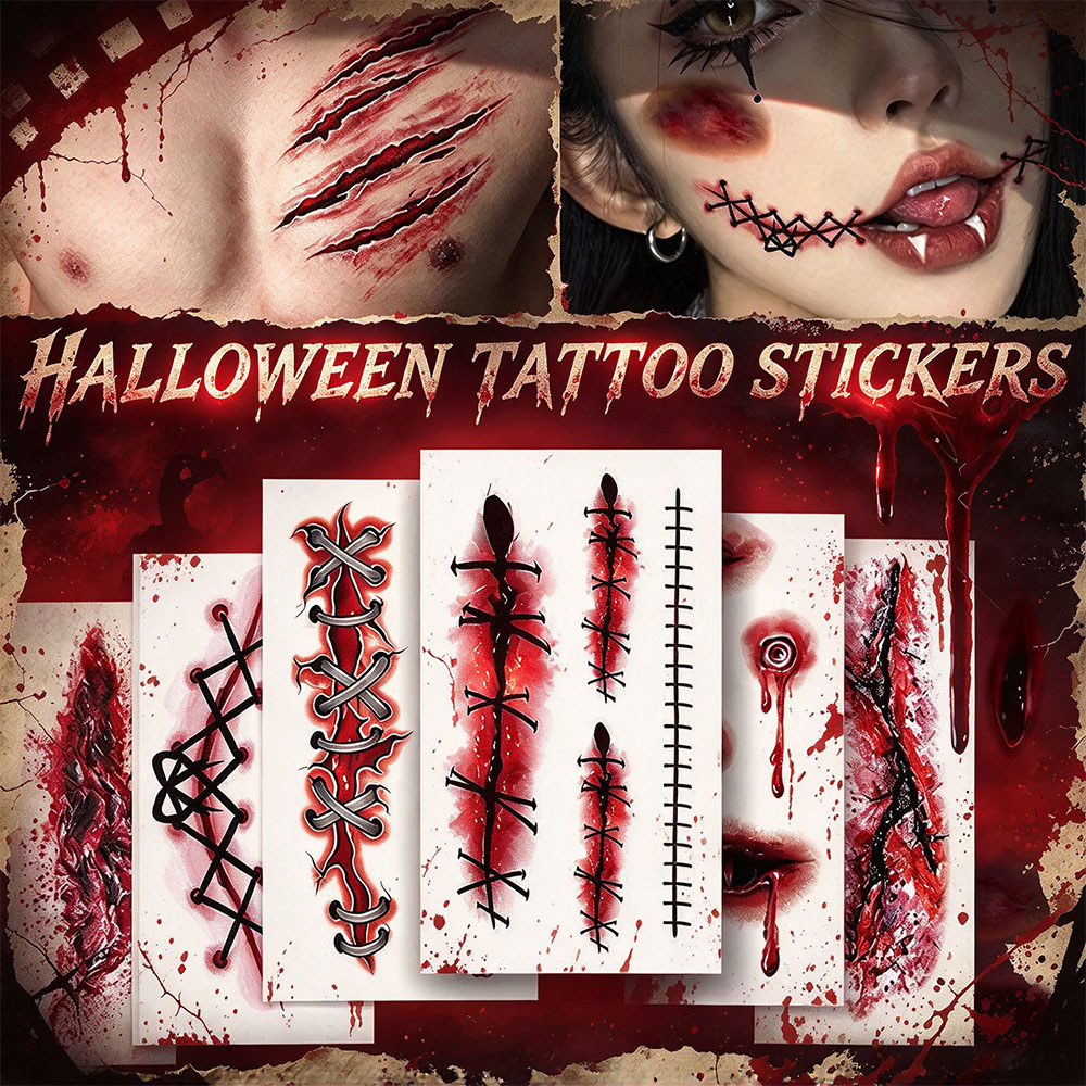 Halloween Tattoo Stickers Realistic Stitch Blood Scar Tattoo Stickers ...