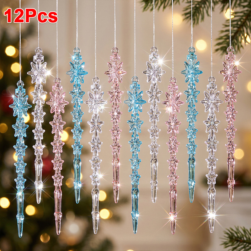 12Pcs Acrylic Snowflake Icicle Christmas Ornaments Crystal Snow Ice ...