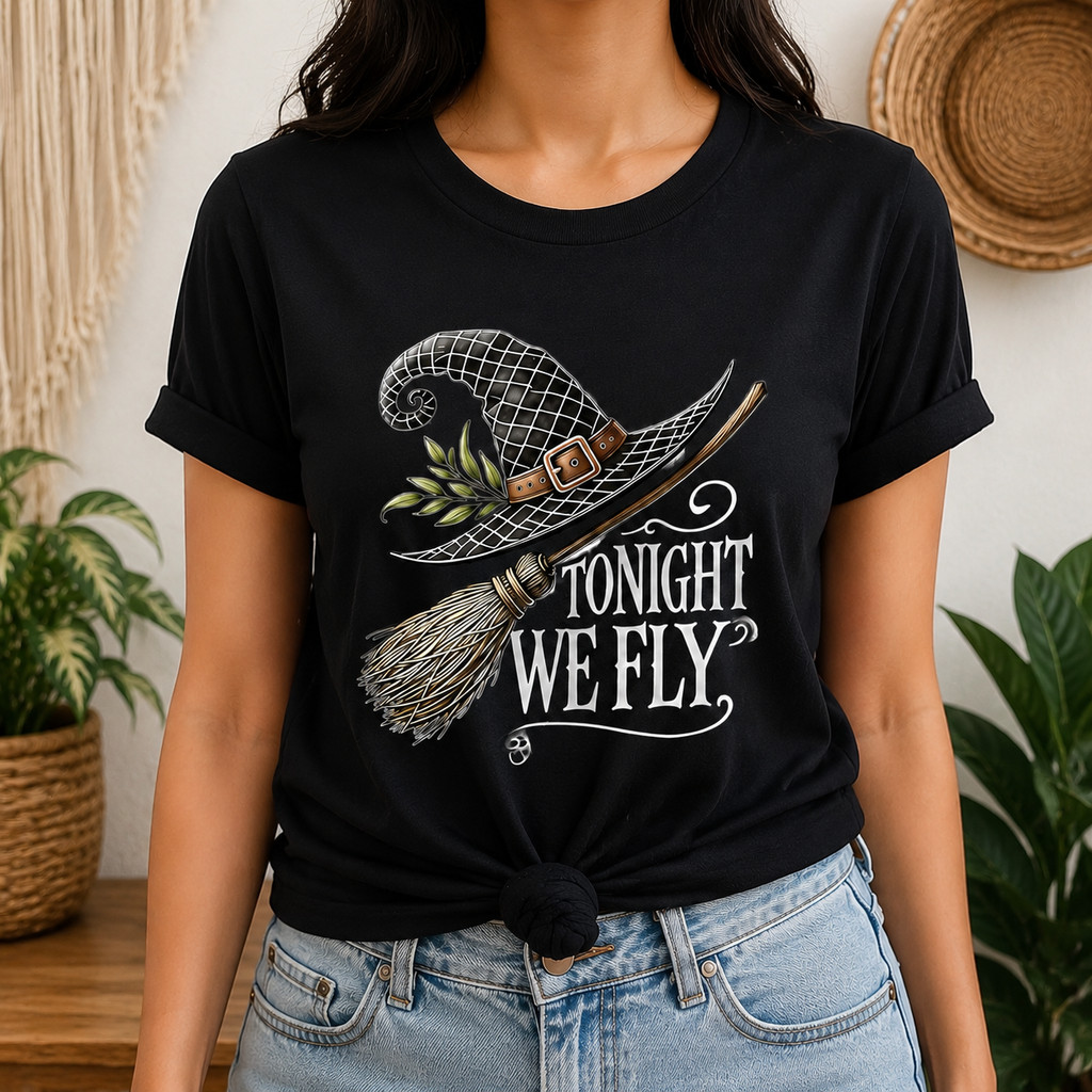 Women Tonight We Fly Witch Hat Broom Graphic Tee Halloween Fall Casual ...