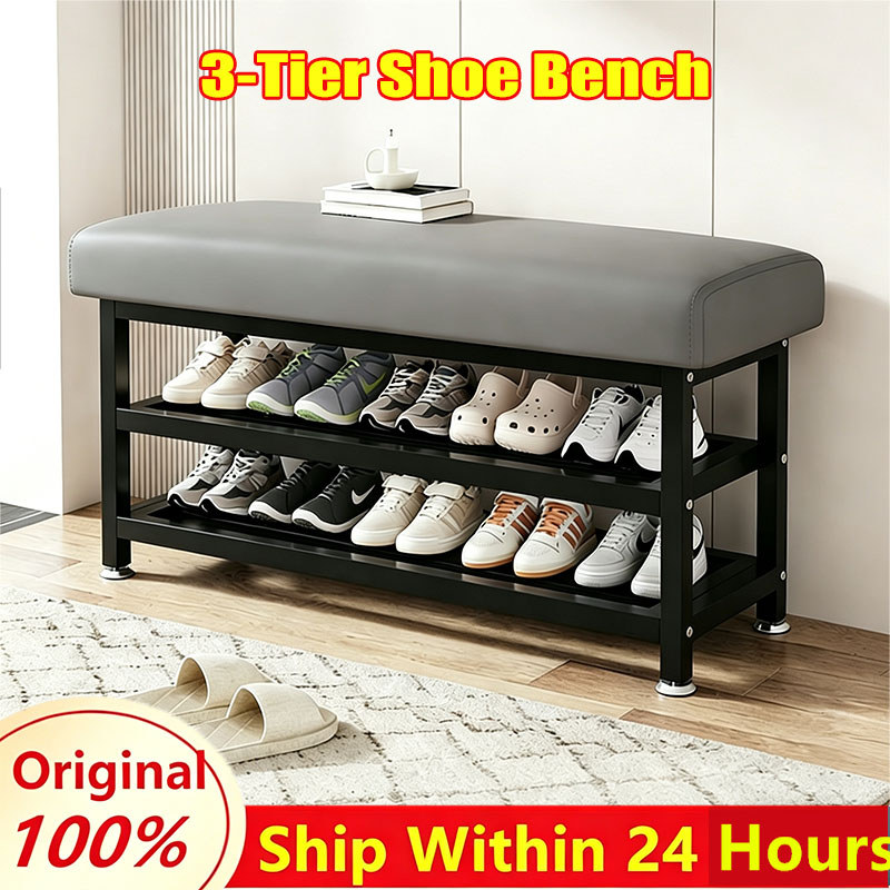3-Tier Shoe Bench with Cushion Heavy Duty Metal 2-in-1 Shoe Rack ...