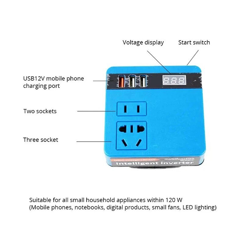 120W Cordless Portable Mini Power Inverter With 3 USB Ports Converts DC ...