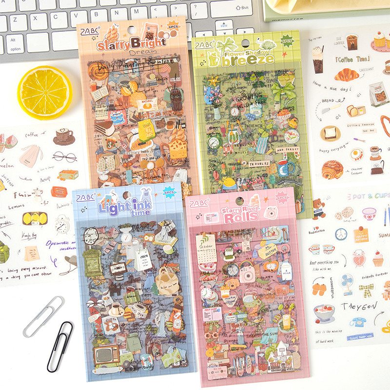 6 Sheets Cute Cartoon Food & Everyday Objects Series PET Stickers Diary ...