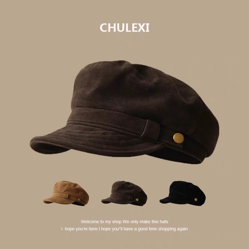 Octagonal beret, small head circumference, brown autumn and winter ...