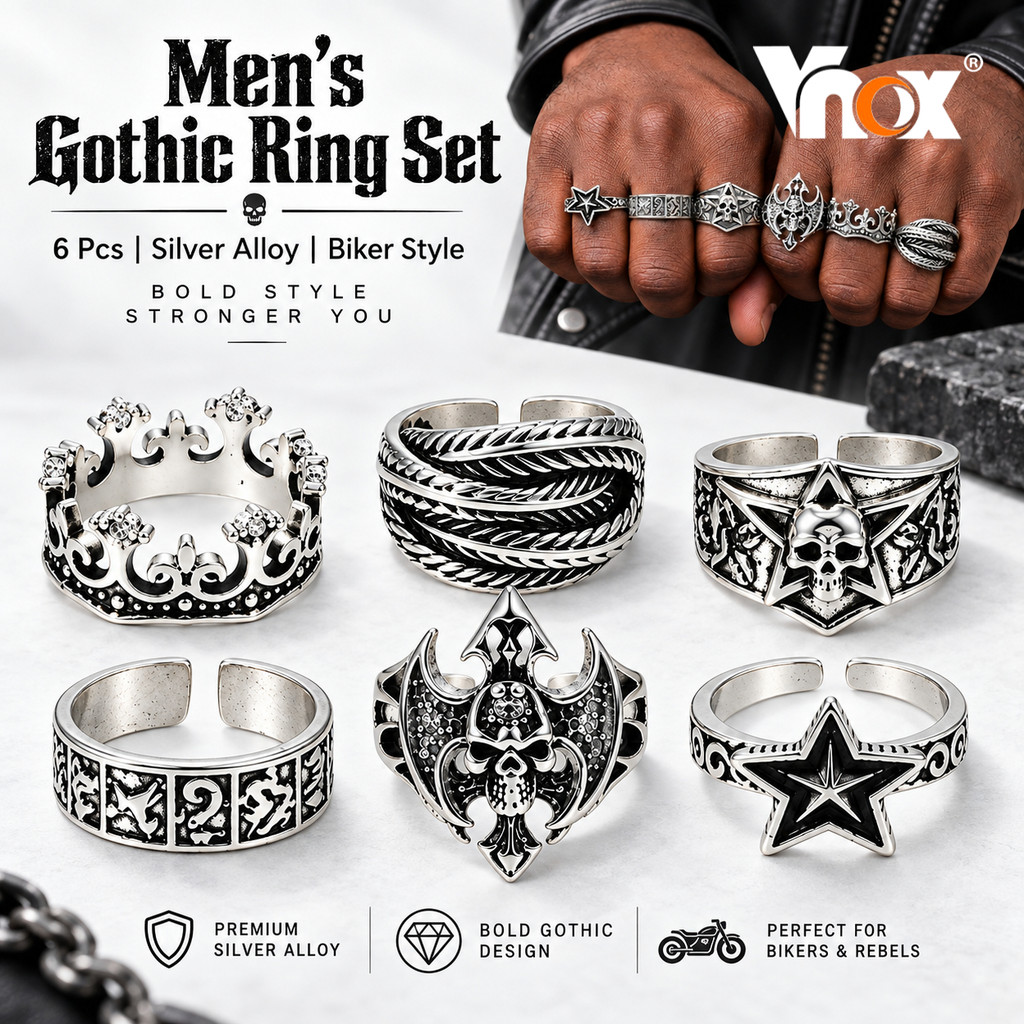 Vnox Geometric Skull Rings for Men, Silver Tone Gothic Biker, 6 Pieces ...