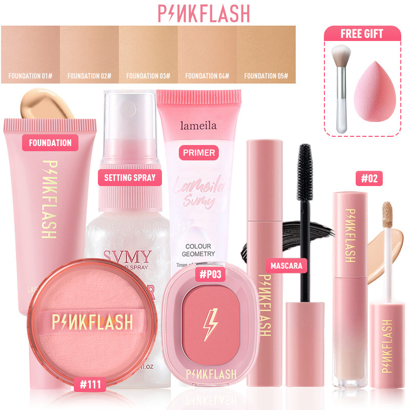 PINKFLASH 7PCS Makeup Set Loose Powder Makeup Spray Foundation Primer ...