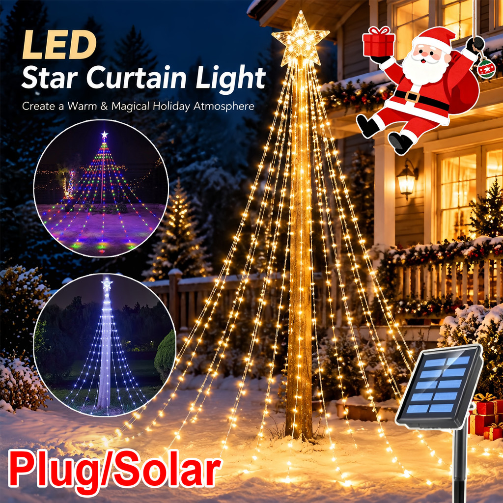 Solar Christmas Waterfall light LED Five Pointed Star Waterfall Light ...