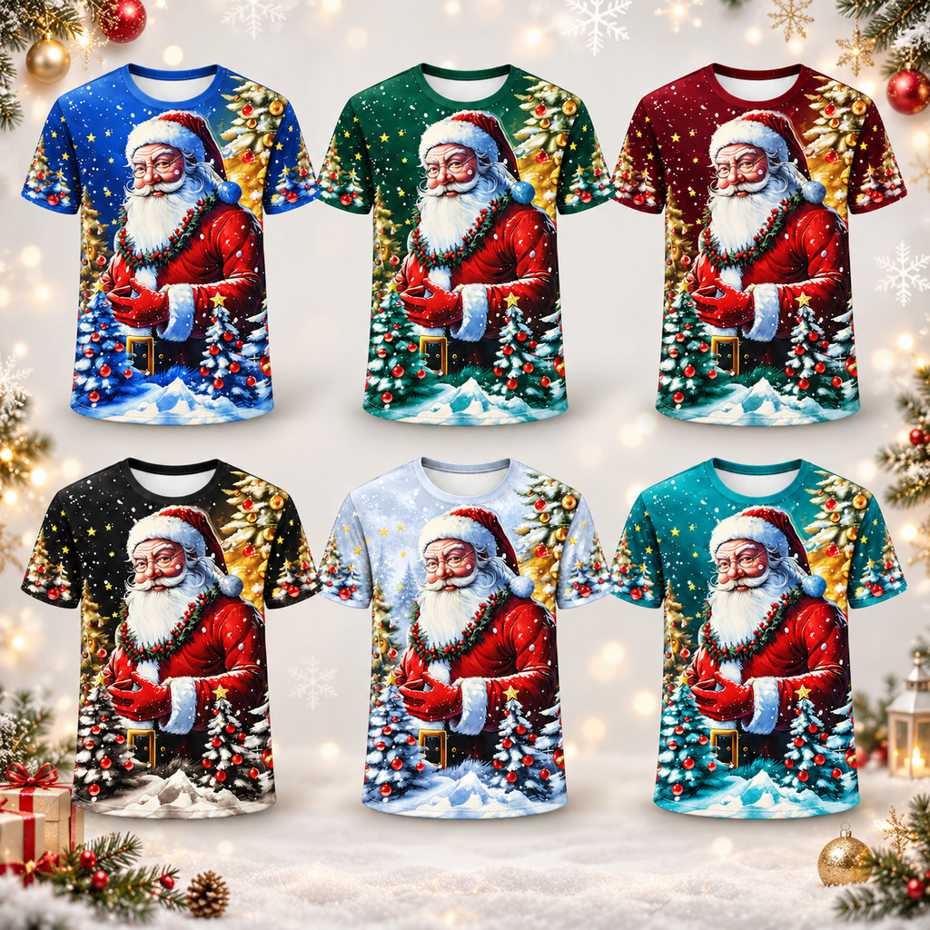 Christmas Santa T Shirt 3D Print Crew Neck Short Sleeve Snow Tree ...
