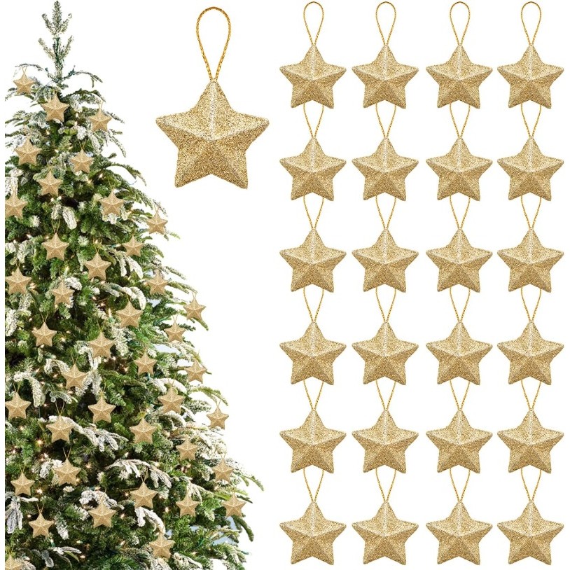 4/16Pcs Gold Glitter Star Ornaments Christmas Tree Pendant Mini Hanging ...