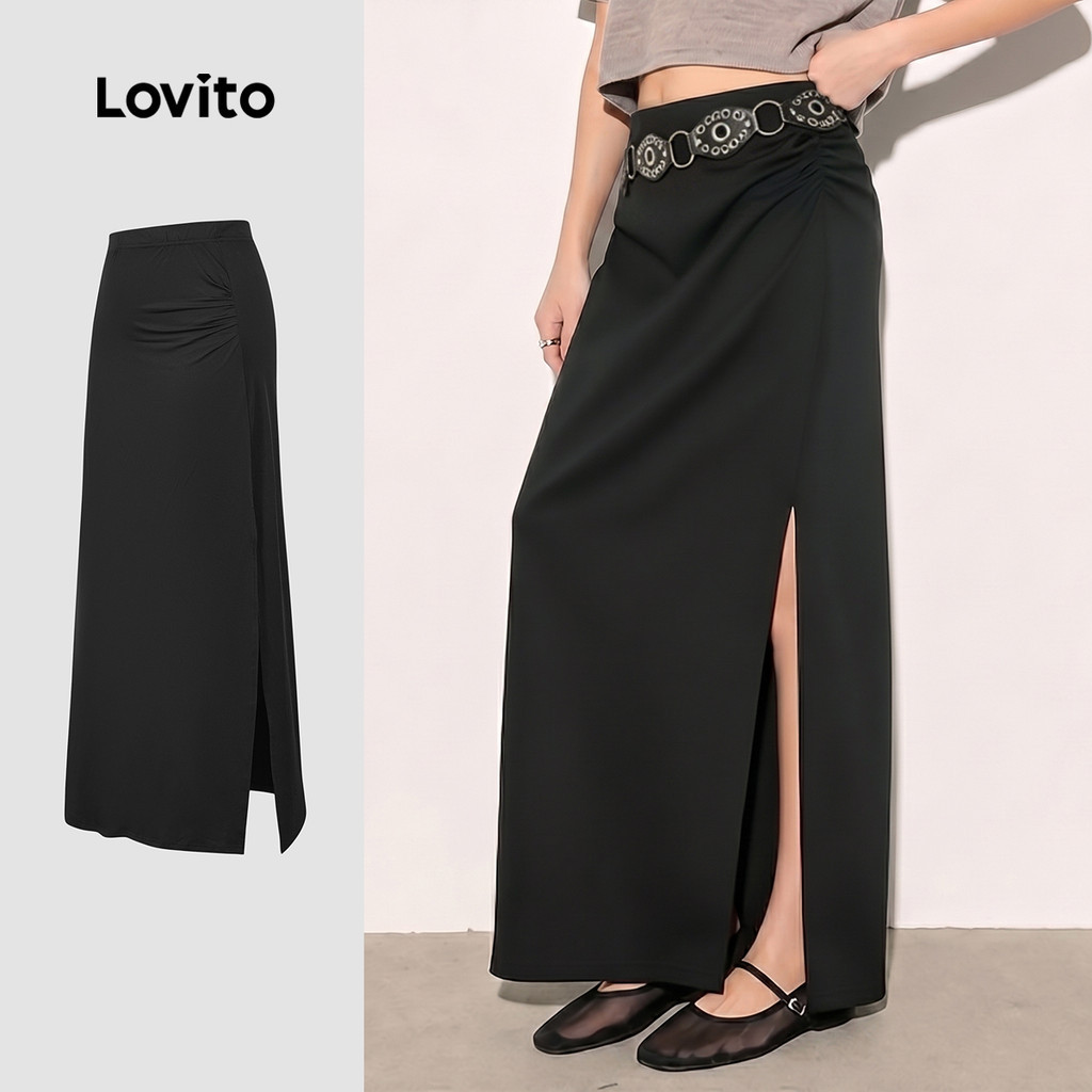 Lovito Women Casual Skirts Daily Split Front Pleated Draped Spring ...