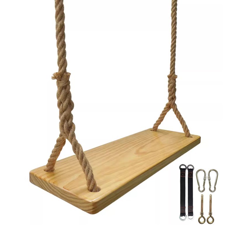 Solid Wood Swing Elm Wood with Ramie Rope Indoor Outdoor Use 150KG Load ...