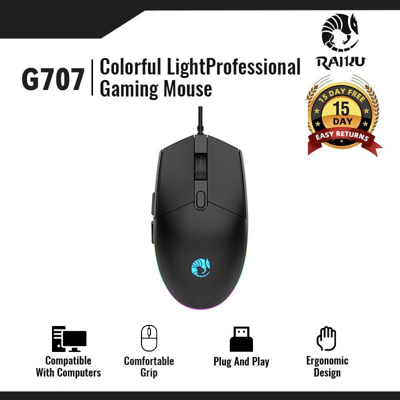 Raiku G707 Luminious LED Gaming Mouse 7 Color RGB Lighting 5 DPI Mode ...