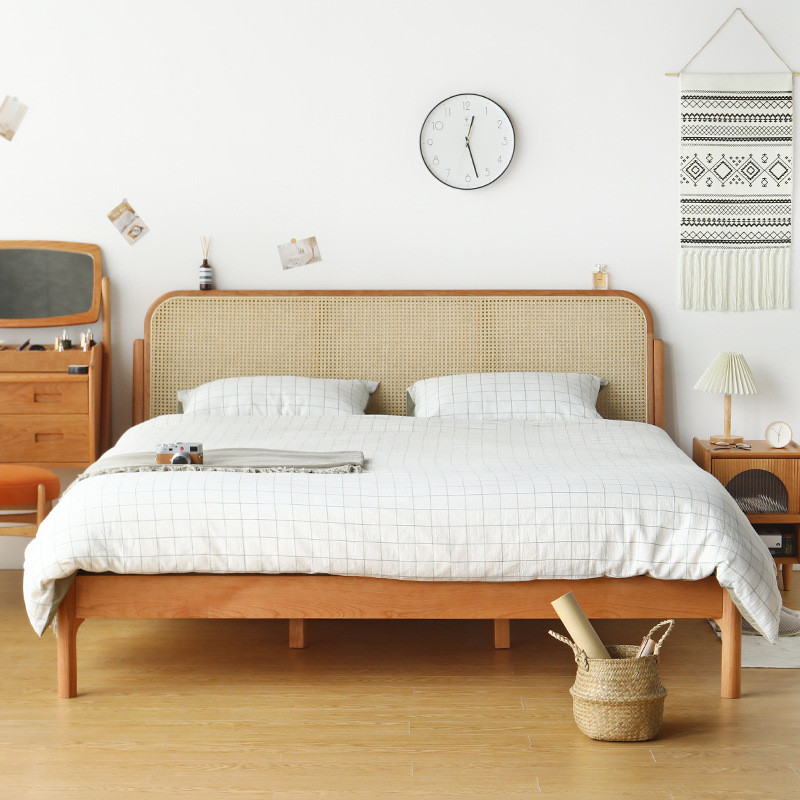 Ins Nordic Rattan Cherry Wood Frame Structure Rattan Bed Japanese Style ...