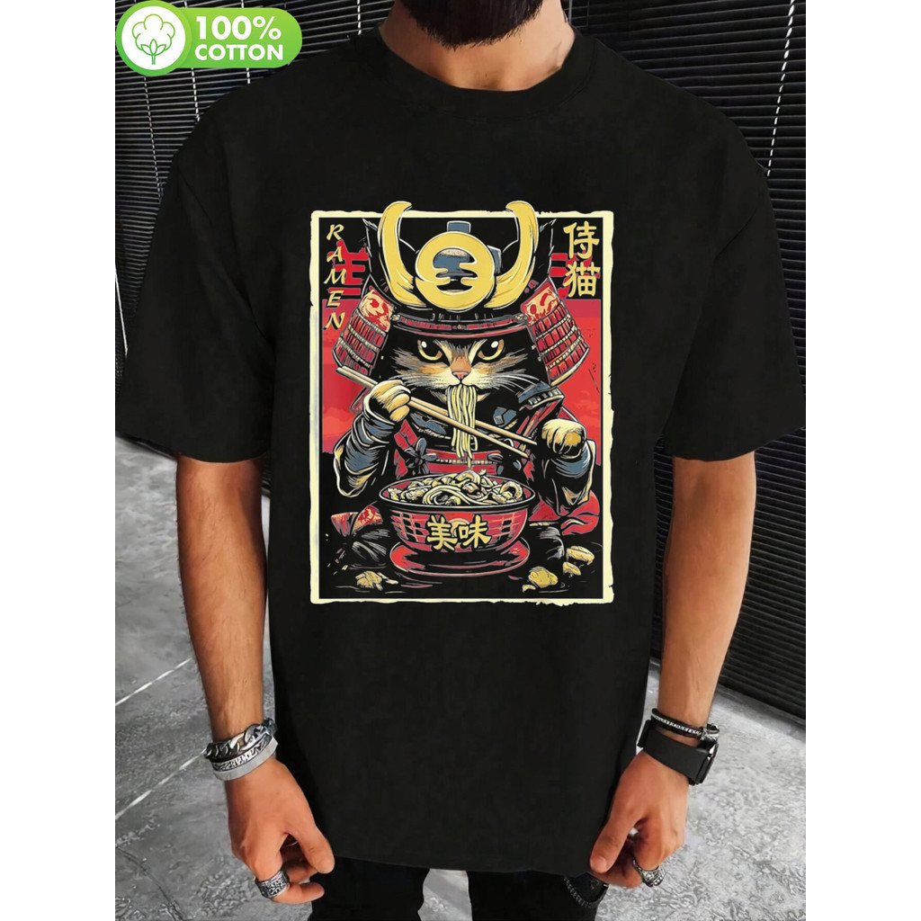 Men'S Japanese Samurai Ninja Cat Eating Ramen Graphic T-Shirt - 180gsm ...