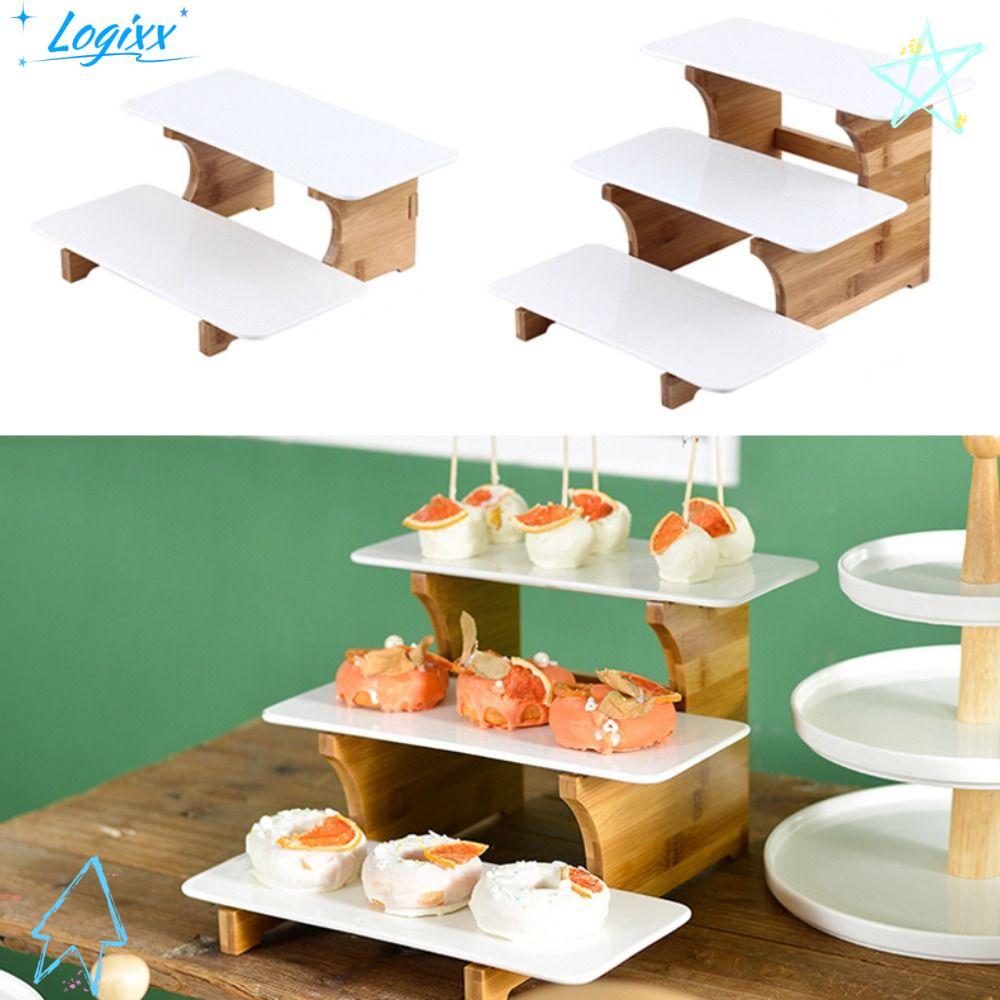 LOGIXX Ceramic Dessert Stand, Space Saving Bamboo Buffet Riser ...