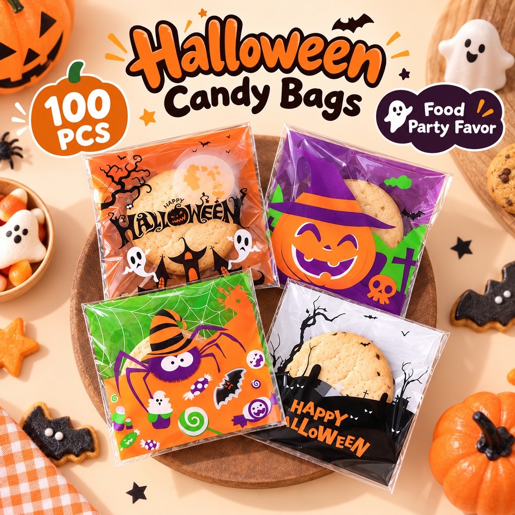 100Pcs Halloween Pumpkin Candy Bags | Trick Or Treat Cookie Bags | Self ...