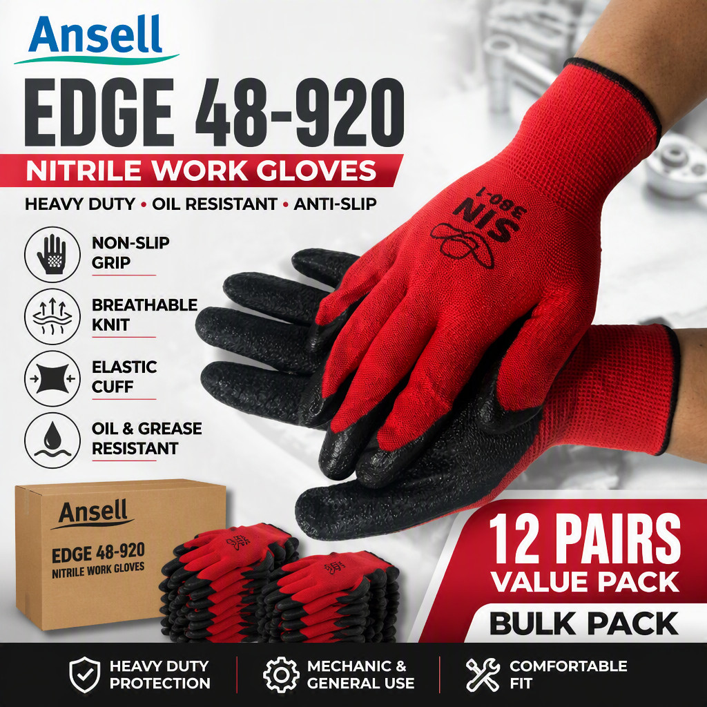 Ansell Edge 48-920 Nitrile Work Gloves Heavy Duty Oil Resistant Anti ...