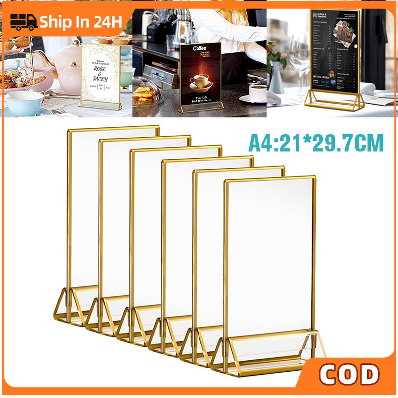 6inch Gold Rimmed Acrylic Table Sign Holder,A4Double Sided Clear Frame ...