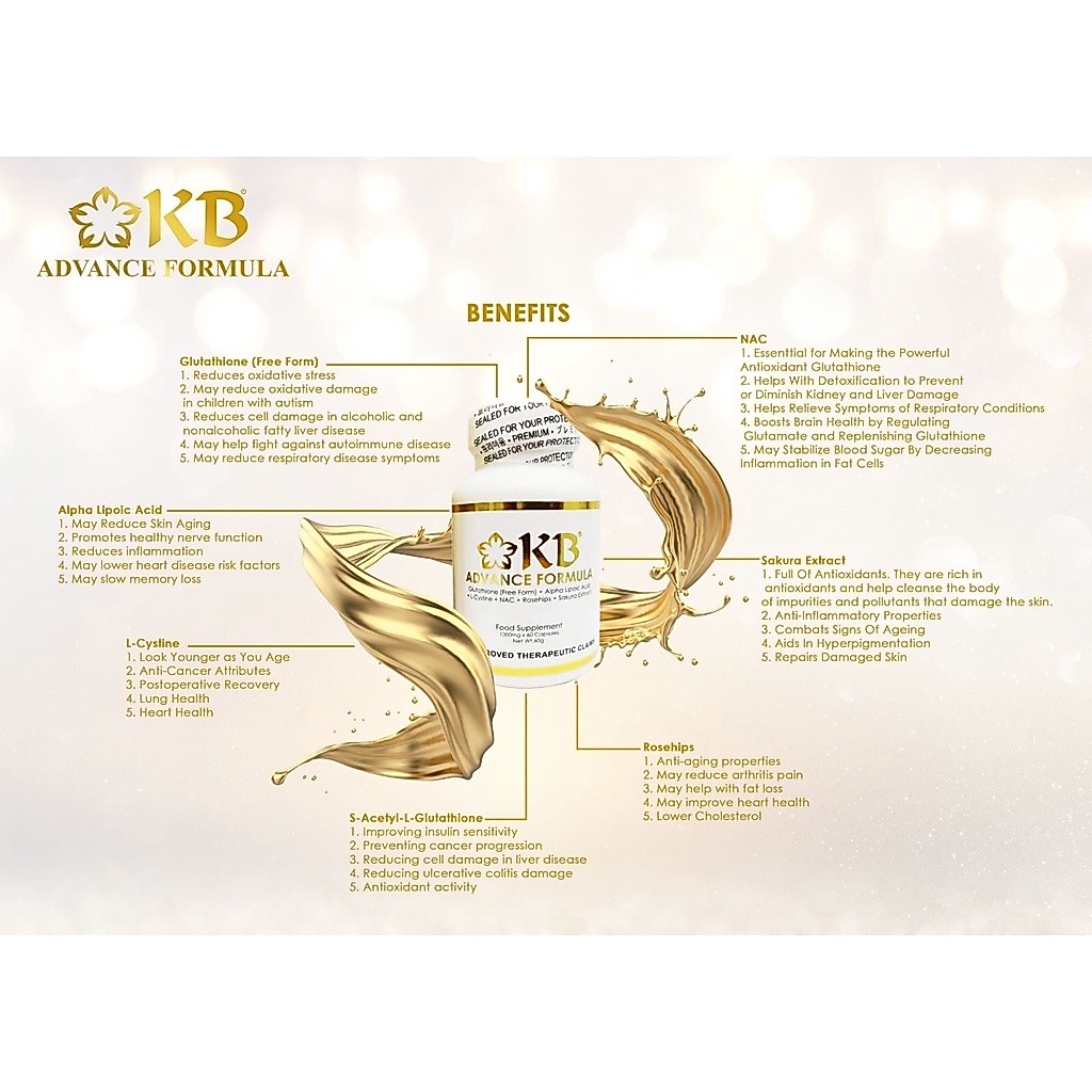 KB Advance Formula Glutathione +NAC+L-Cystine+Alpha Lipoic Acid Capsules | Rosehips & Sakura Extract