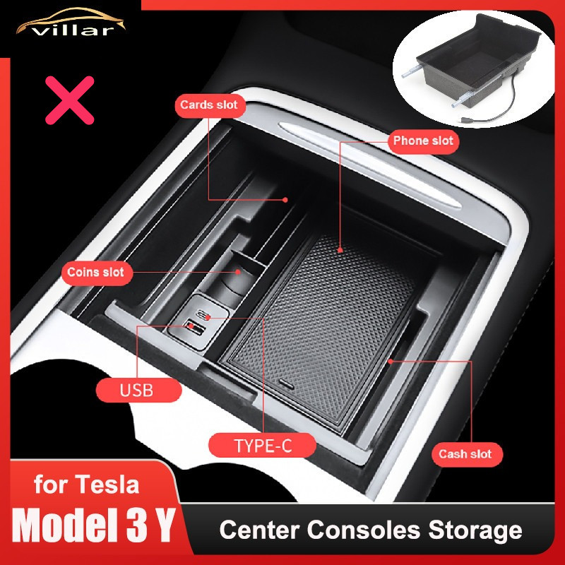 for Tesla Model 3 Y 2023 Center Consoles Armrest Storage Box USB Type-C ...