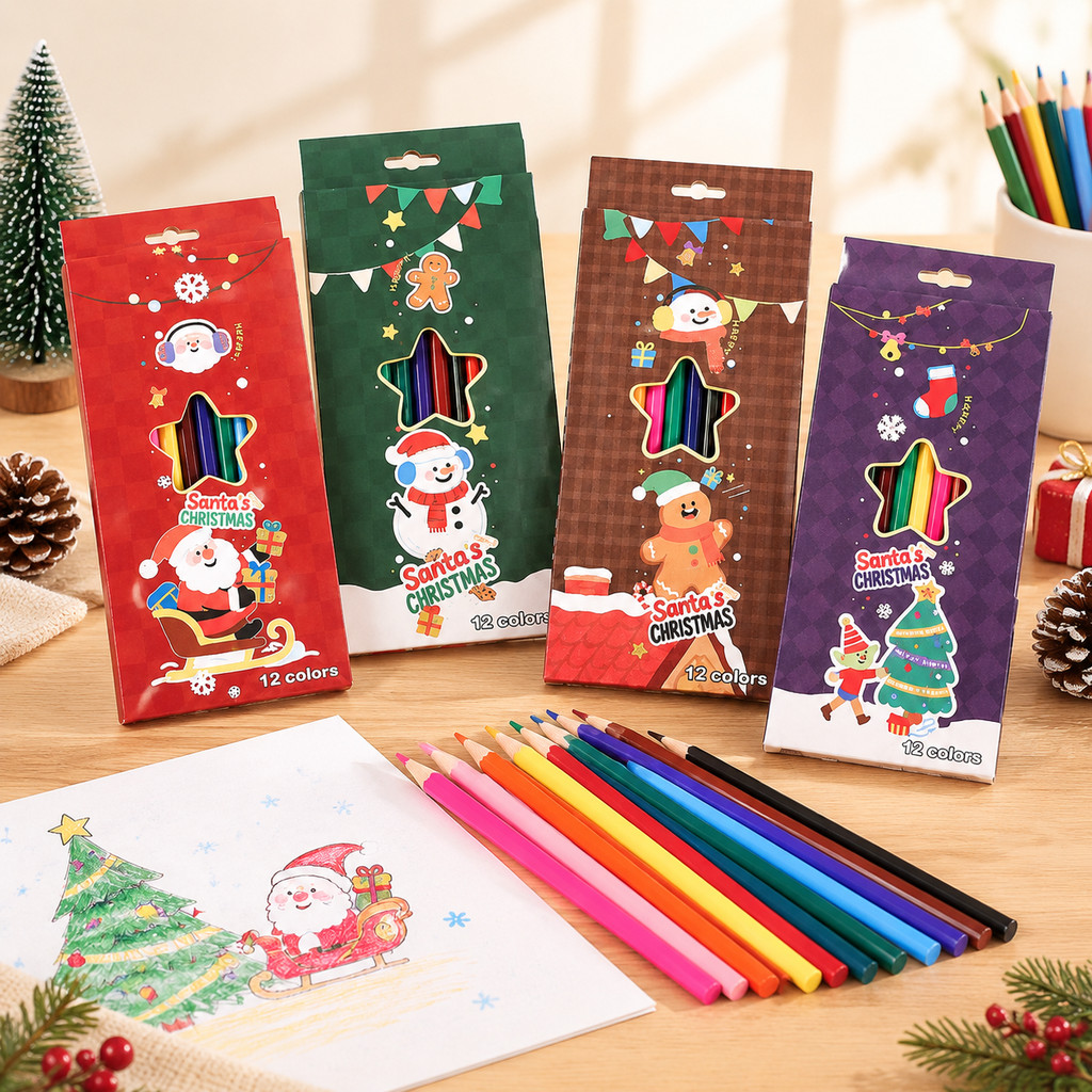 12 Colors Christmas Colored Pencil Set Wooden Drawing Colouring Pencils ...